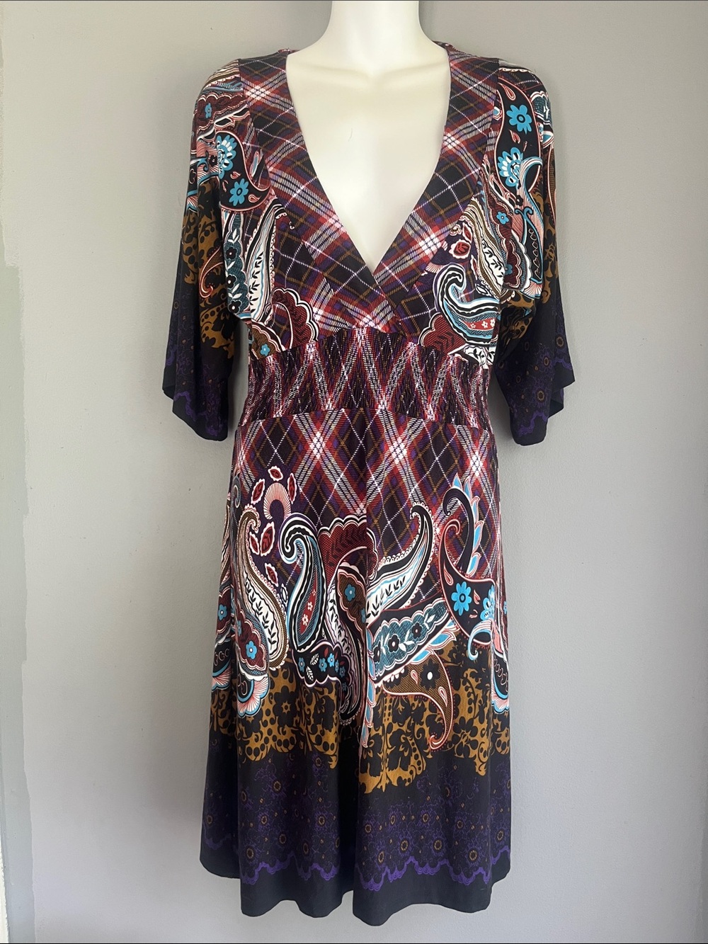 VENUS Paisley & Plaid Midi Dress in Burgundy, Turquoise, Brown, Cream
